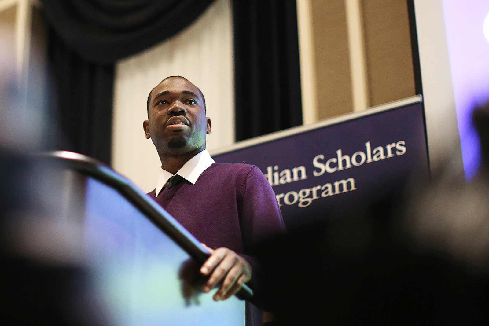 SF State student Lewis Woods, keynote speaker for the 5th annual Guardian Scholars Program Luncheon, gives a speech at the Sir Frances Drake Hotel on Oct 18. The Guardian Scholars Program is a SF State organization designed to help children in the foster care system transition into college life. Students in the Guardian Scholars Program have an 85 percent graduation rate. Photo by John Ornelas / Xpress