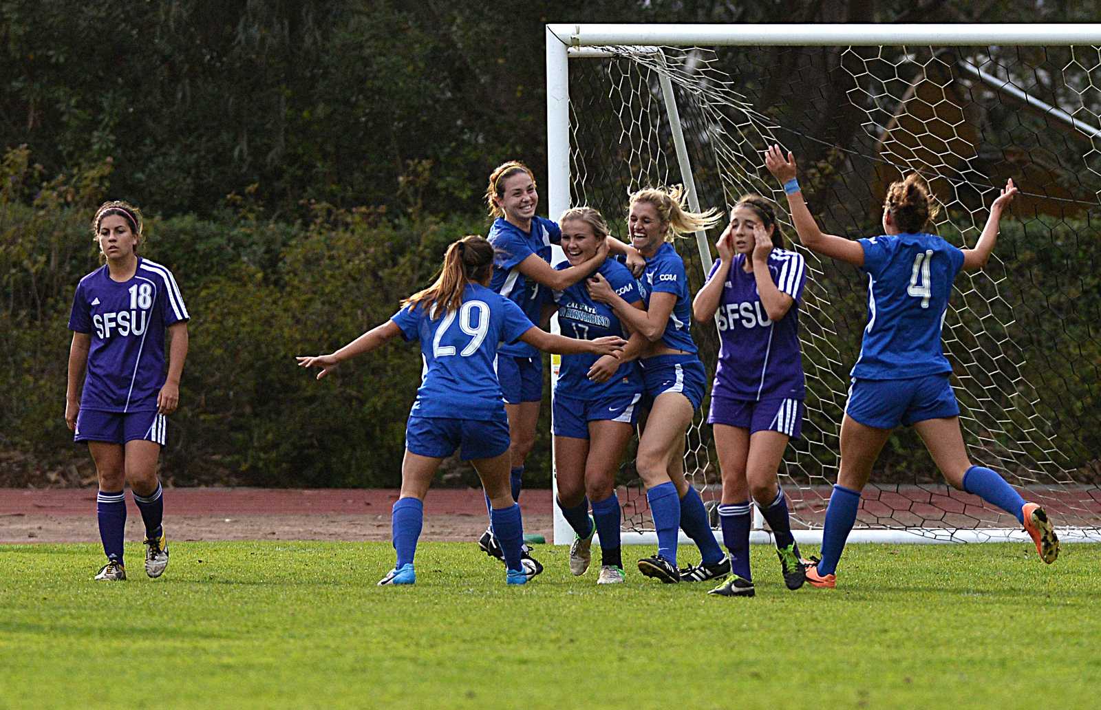 Cal State San Bernardino's Coyotes score the last goal against SF State Gators' during the soccer match at Cox Stadium in San Francisco on Sunday, Nov. 3, 2013. The Gators lost 2-0. Photo by Virginia Tieman / Xpress