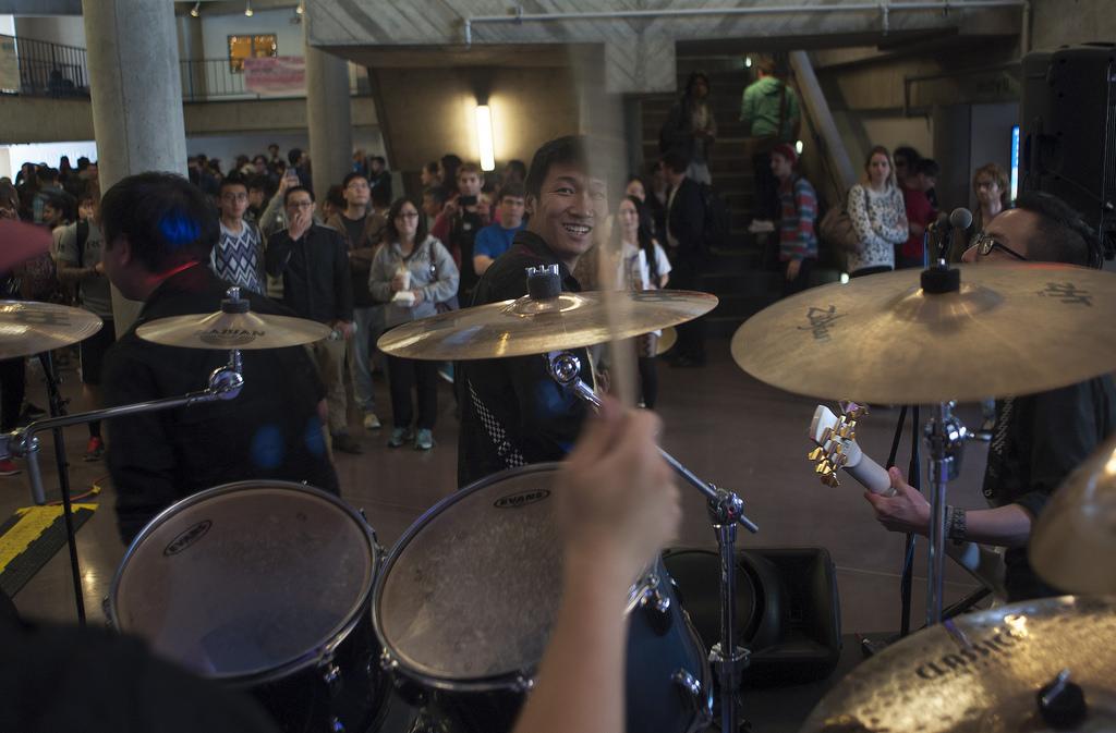 Nervous Factor performs for SF State students inside the Cesar Chavez Building during the grand opening of Quickly, Ha Tien Cove, and Shah's restaurants in San Francisco on Thursday, March 13. Photo by Godofredo Vasquez/Special to Xpress