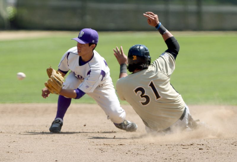 SF State's Joe Chedid misses the tag as Cal State L.A. Drew Vanisi slides to second base during the Gators game against the Golden Eagles, at SF State's Maloney Field Sunday, April 13th. Photo by Gavin McIntyre / Xpress