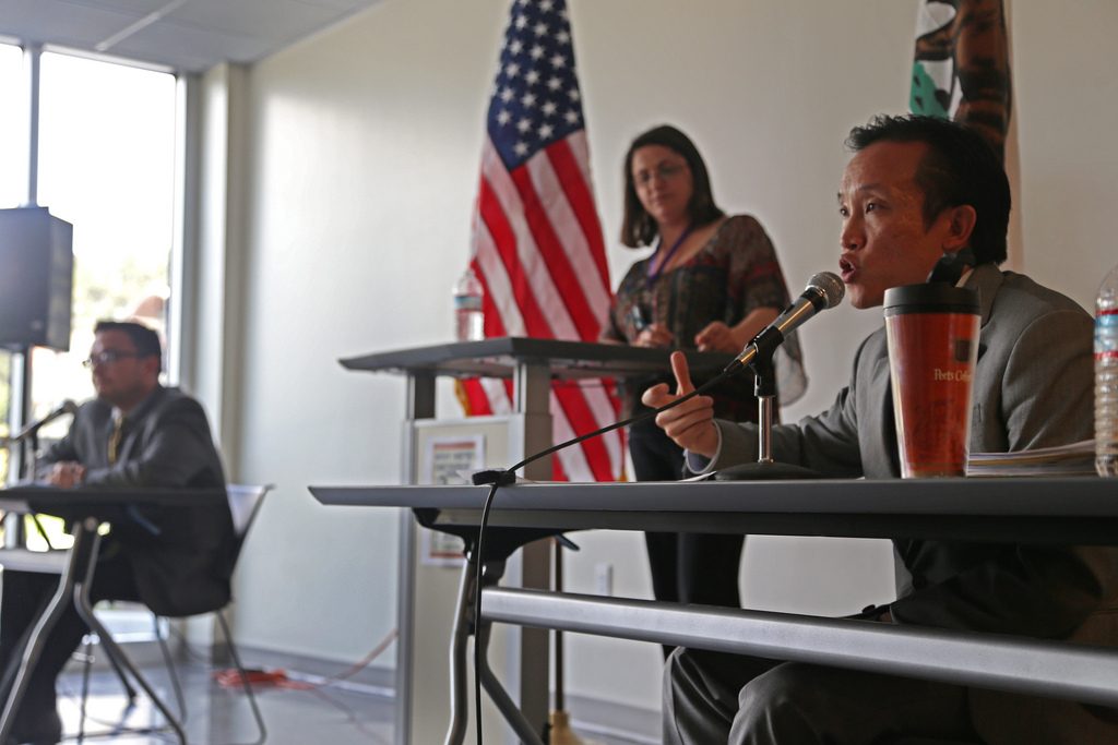 San Francisco Supervisor David Chiu speaks during a debate with Supervisor David Campos at SF States J. Paul Leonard Library Wednesday, April 16. Chiu and Campos are both running for California State Legislature to represent San Franciscos 17th assembly district. Photo by Rachel Aston / Xpress