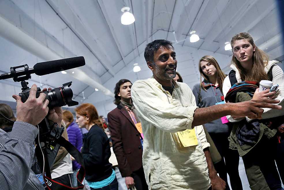 Gopal Dayaneni, from the justice and ecology project Movement Generation, speaks to a swarm of students at the end of the Divestment Convergence conference in Annex I at SF State Saturday, April 5. Mother nature is gonna win. Either were on her side or were kicked out of the house. Photo by Rachel Aston / Xpress