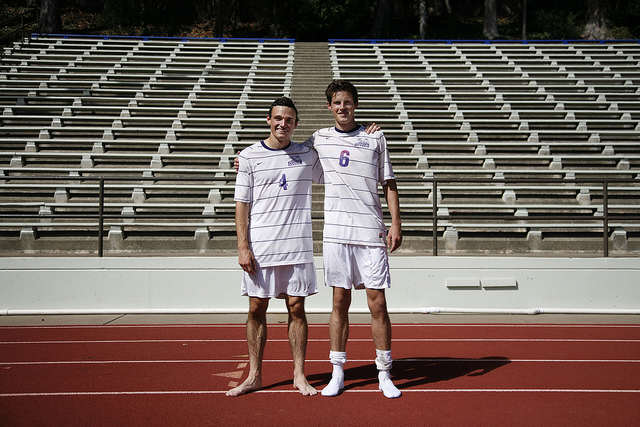 Seniors Kevin Johnson (left) and Hayden Roberts (right), who have been buddies since freshman year, stand in Cox Stadium at SF State Tuesday, Sept. 16. Martin Bustamante / Xpress