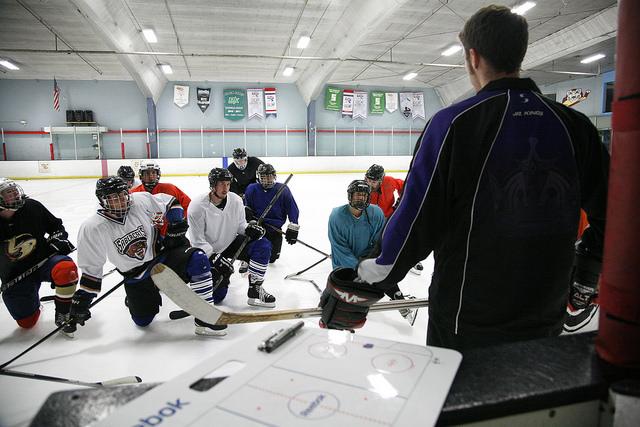 Coach Ryan Papazian addresses the SF State hockey team during a late night practice at Nazareth Ice Oasis in Redwood Center, Sunday Aug. 31. Martin Bustamante / Xpress.