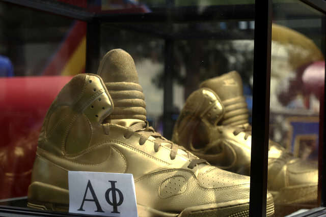 Golden shoes sit in a glass box at The 3rd Annual Kick Off presented by ASI held the event at Cesar Chavez Plaza at SF State Thursday, September 4, 2014 in San Francisco, Cali. 