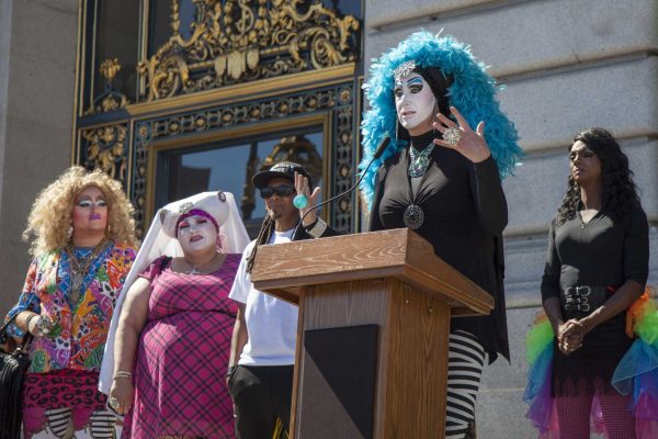 Sister Roma, joined by fellow drag personalities at San Francisco's City Hall, expresses her gratitude for Facebook's decision to revisit its "Real Name" policy, making it possible for drag queens and kings to maintain their online identities on Friday, Oct. 2, 2014. Frank Ladra / Xpress.