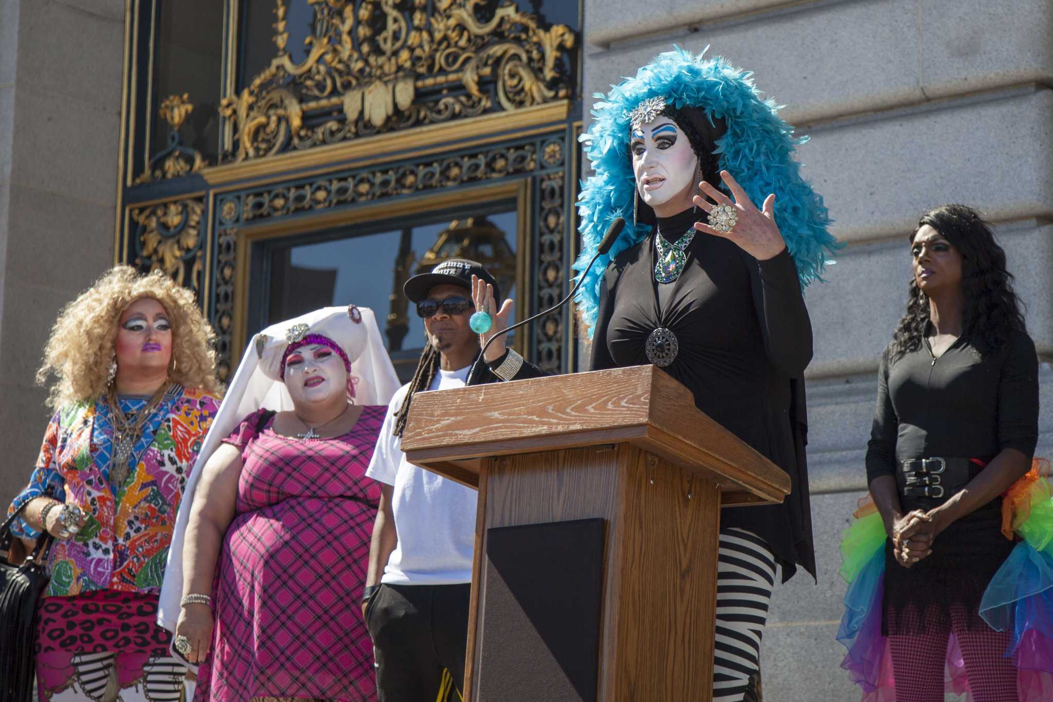 Sister Roma, joined by fellow drag personalities at San Franciscos City Hall, expresses her gratitude for Facebooks decision to revisit its Real Name policy, making it possible for drag queens and kings to maintain their online identities on Friday, Oct. 2, 2014.