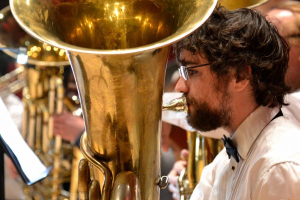 Connor Swartwood plays the tuba during a rehearsal with the SF State Wind Ensemble in preparation for "A Honeymoon in Paris" Thursday, Oct. 9, 2014. Annastashia Goolsby / Xpress.