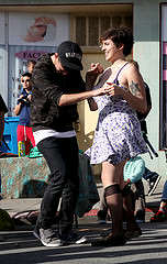Clark Alexander Bernard and Alexandra Carcache dance to Talk of Shamans set, as the SF band plays for people at the Ocean Beach Music and Art Festival Saturday, Oct. 11, 2014. Lorisa Salvatin / Xpress.