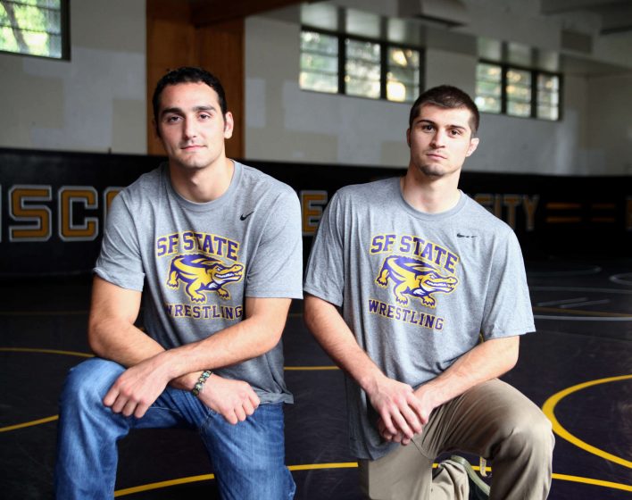 Redshirt seniors Andrew Reggi and Vicente Aboytes in the SF State wrestling room, where they train and practice, Friday, Oct. 26, 2014. Both said they were looking forward to what is to come this season as they enter their fifth year on the SF State wrestling team. Lorisa Salvatin/Xpress.