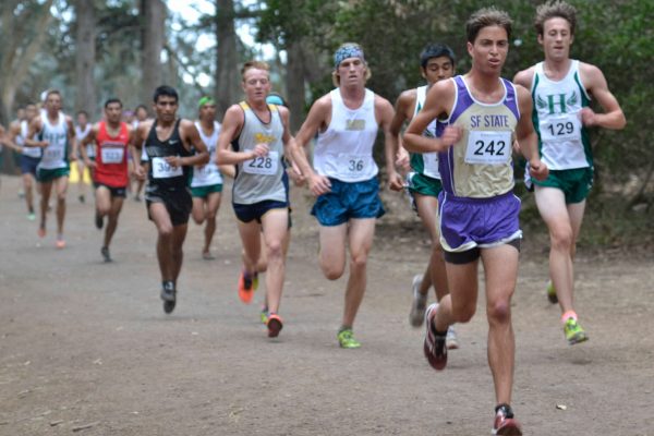 Michael Garaventa leads a pack during the cross country invitational at Speedway Meadow in Golden Gate Park Friday, Oct. 10, 2014. Annastashia Goolsby / Xpress.