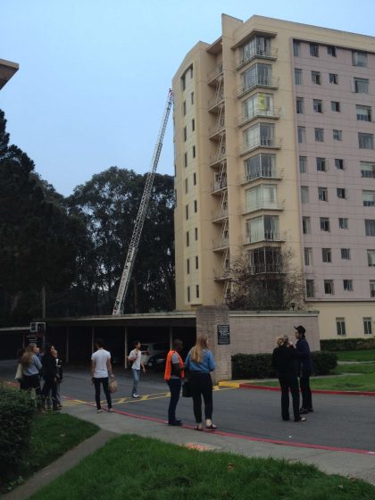 Firefighters extinguish an apartment fire on the sixth floor of 235 Buckingham Way in UPN Monday, Oct. 13, 2014. Nashelly Chavez / Xpress.