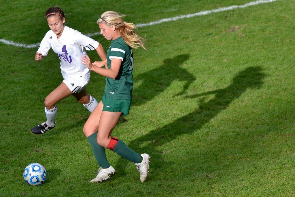 SF State player Autumn Fox tries to steal the ball from Megan Kisslan during a home game against Cal Poly Pomona Friday, Oct. 17, 2014. The Gators lost 1-0 against the Broncos.