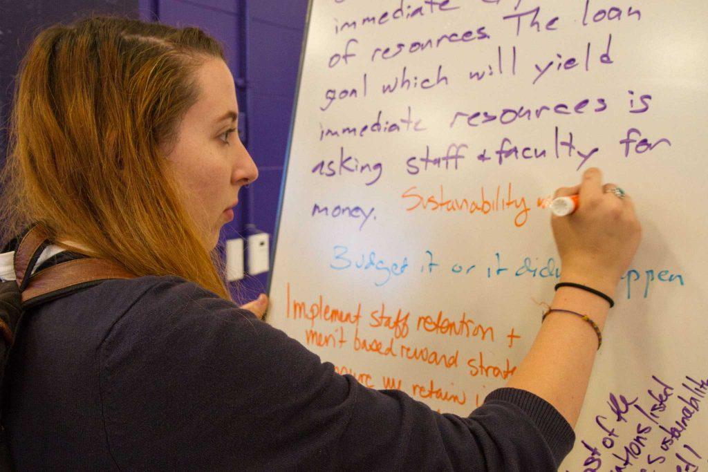 Marli Diestel, an environmental studies major, expresses concerns about sustainability on a dry erase board during the Academic Senates Strategic Plan meeting in the SF State Gymnasium Tuesday, Oct. 21, 2014.