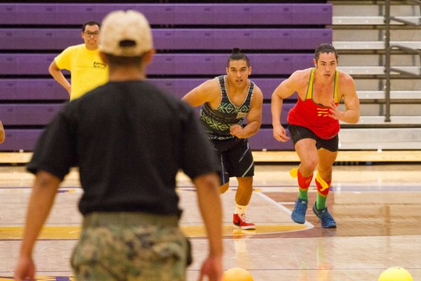 Bobby Medina squares off against a rival team, Bobby "Small Hands" Medina at SF State's Annual Costume Dodgeball Tournament from 7-10 p.m. Friday, Oct. 24, 2014, in the Gymnasium. Eric Gorman/Xpress.