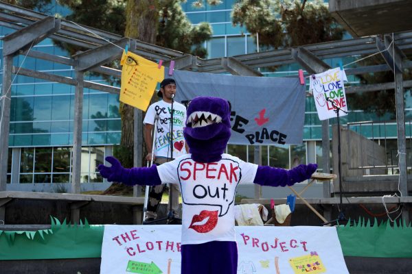 The Gator mascot front performs at the end of the Clothesline Project at SF State Monday, Oct. 27. Henry Perez/Xpress.