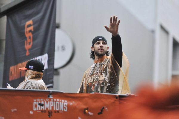 MVP Madison Bumgarner waves to the crowd during the Giants World Series Parade Friday, Oct. 31, 2014. Sara Gobets/Xpress.
