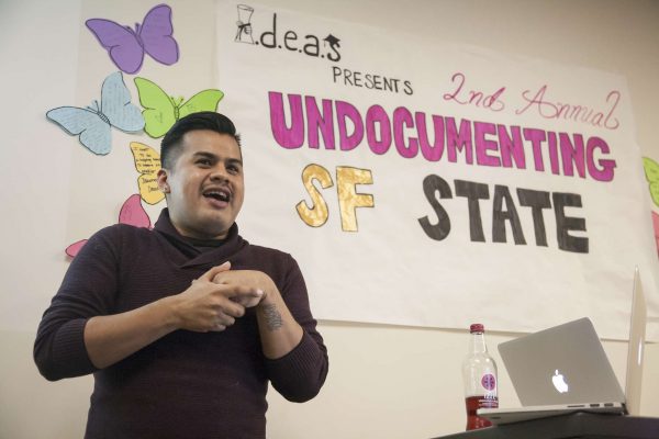 Yosimar Reyes, the headlining presenter, shares a personal story with the audience at the IDEAS meeting Wednesday, Nov. 12, 2014. Martin Bustamante/Xpress.