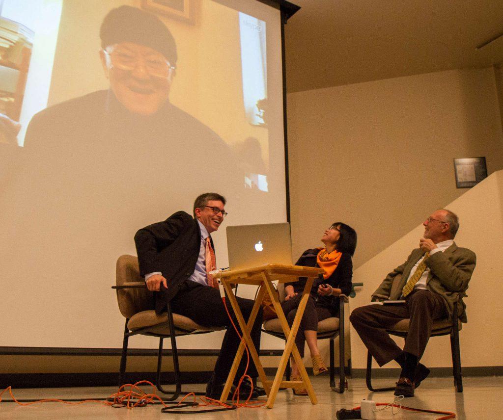 Frederik Green, Sylvia Lin and Howard Goldblatt speak with Huang Chunming, who could not attend the gathering due to a recent diagnosis of cancer, during Tales of a Beautiful Island, a reading of famous fictions written in Mandarin by Huang Chunming and translated into English by former SF State Professor Howard Goldblatt.