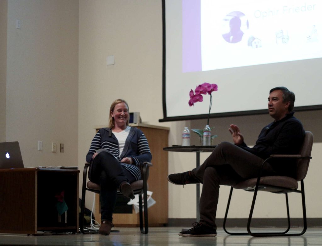 Associate professor of the communications department Christina Sabee and Dr. Abdur Chowdhury, Twitters former chief scientist share the stage in the Humanities Auditorium, Thursday, Nov. 13, 2014. Amanda Peterson/Xpress.