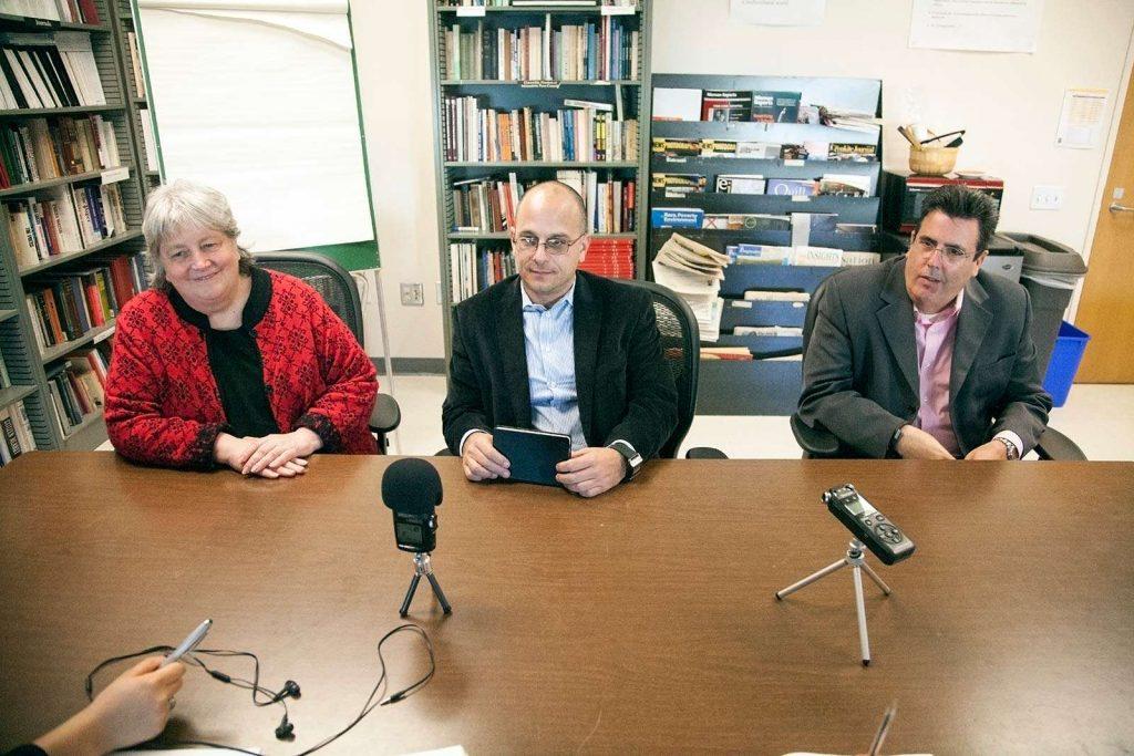 (Left to right) associate dean Susan Shimanoff,  dean Daniel Bernardi and associate dean Todd Roehrman, the dean staff of the college of liberal and creative arts, field questions from Xpress staff members during a formal interview Wednesday Dec. 3. 
Martin Bustamante/Xpress
