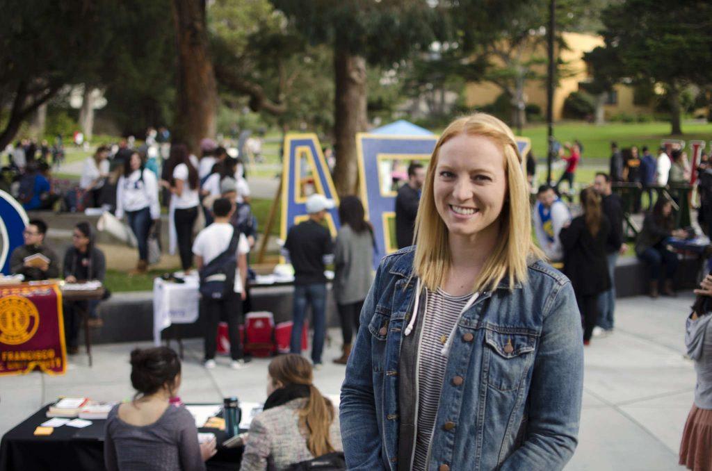 A new president of ASI, Phoebe Dye, stands in front of Cesar Chavez Student Center in San Francisco, Calif., Jan 27, 2015. 