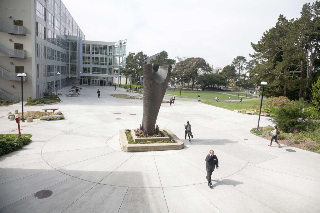 Students walk next to the statue that sits between the Administration and Business buildings at the northeast end of the SF State campus Wednesday March 9. (Martin Bustamante / Xpress)