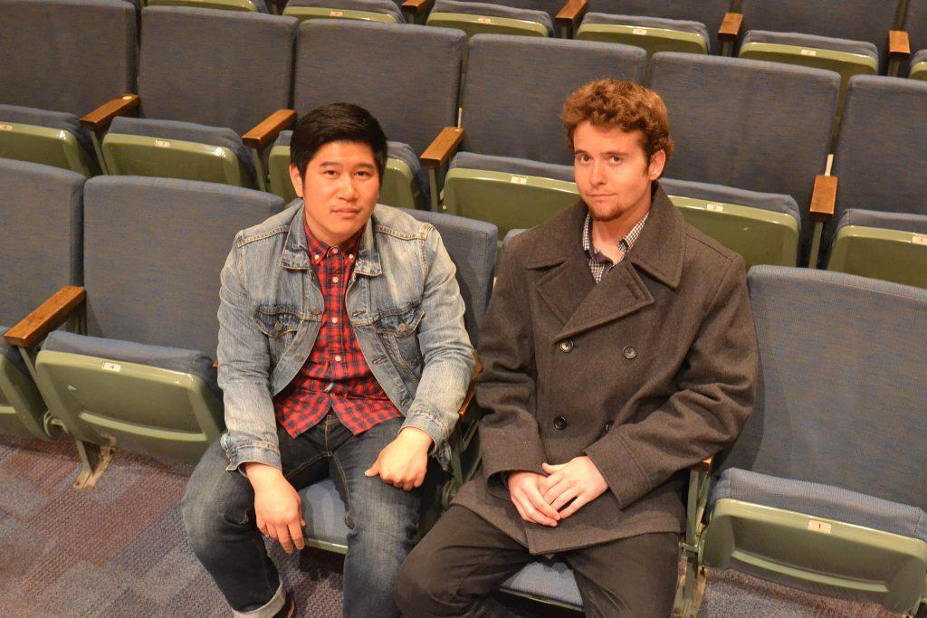 SF State student and co-director of CockTales, Vincent Lam (left) sits with Nathan Barone for a portrait in a theater on campus on Tuesday, April 21.  Barone will perform a spoken word piece in the production CockTales. (Helen Tinna / Xpress)