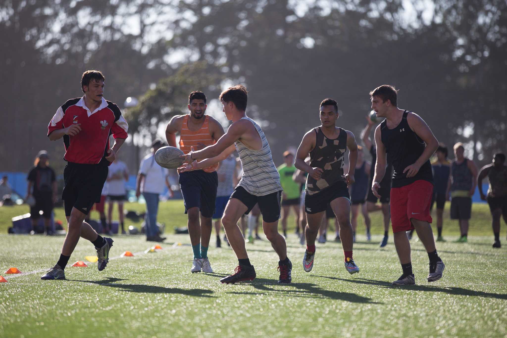 Members of the SF State Rugby Team run passing drills during practice on the West Campus Green, Friday, Sept. 18, 2015. (Brian Churchwell / Xpress)