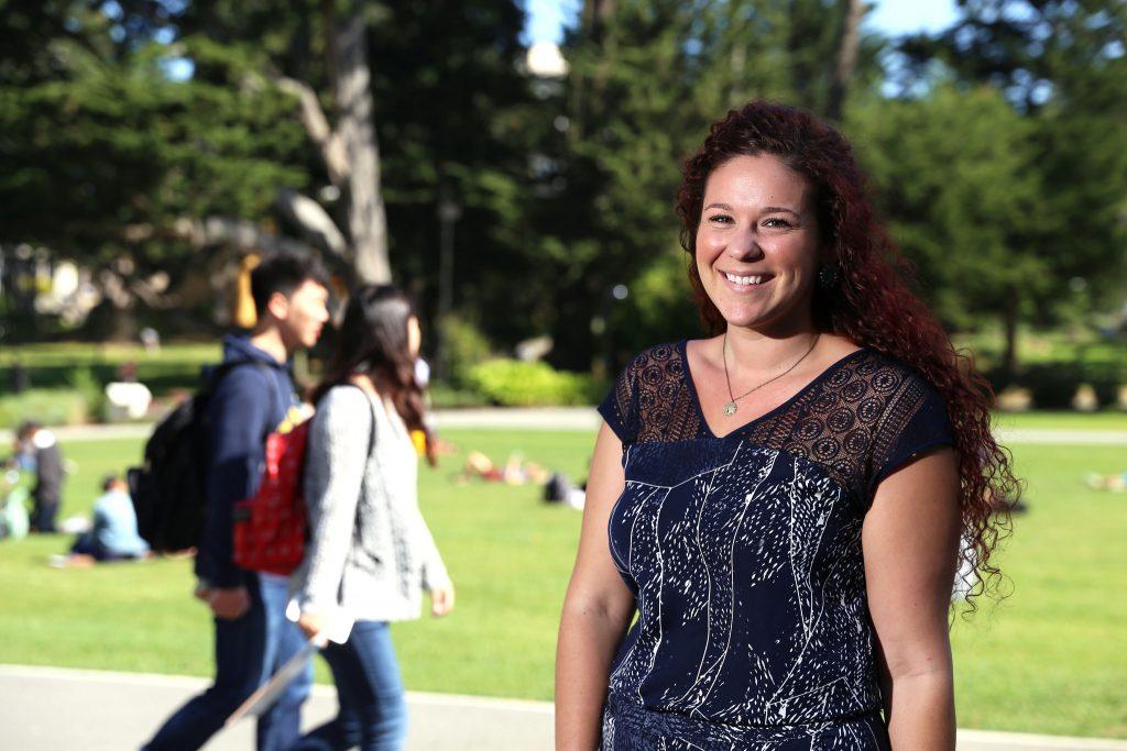 Sage Russo, sexual studies graduate student poses for a portrait in the Quad at SF State Monday, Oct. 5. (Imani Miller / Xpress)