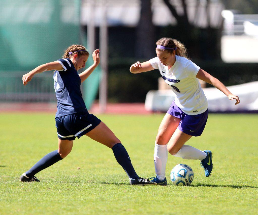  Kayleen Belda (19), a forward for the SF State Gators womens soccer team, dribbles the ball during a game against the Sonoma Seawolves at Cox Stadium Friday, Sept. 2. SF State lost 1-0 (Alex Kofman / Xpress)