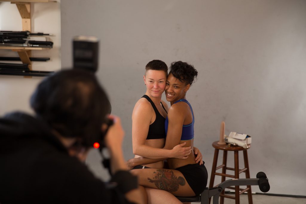 Jiz Lee (left) and Nikki Darling (right) pose for still photographer T.C. White before filming “Training Day,” a special episode for “The Crash Pad Series” at Pink and White Productions in San Francisco Saturday, Oct. 10, 2015. (Brian Churchwell / Xpress)