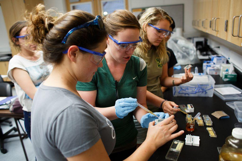 Karen Backe (left) and Lindsay Faye (center), both marine science grad students, prepare a slide with a sample of phytoplankton during their biological oceanography class at The Romberg Tiburon Center on Monday, Sept. 21, 2015. (Ryan McNulty / Xpress)