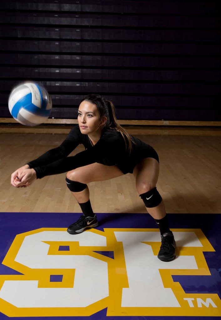SF State liberal studies senior Jessica Nicerio (5) in The Swamp Monday, Oct. 26, 2015. Nicerio is the Gators all time digs leader. (Brian Churchwell / Xpress)