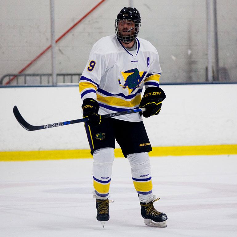 Matthew Gold (79), SF State hockey team president, on the ice against the Ventura College Corsairs at Oakland Ice Center, Saturday, Nov. 7, 2015. (Brian Churchwell / Xpress)