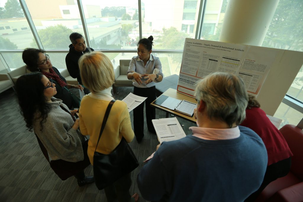 Sybil S. Yang, an SF State hospitality and tourism management assistant professor, presents her findings during the SF State Faculty Data Fellows Group presentation on student academic progress in the J. Paul Leonard Library Wednesday Dec. 2, 2015. (Photo by Joel Angel Juárez / Xpress)