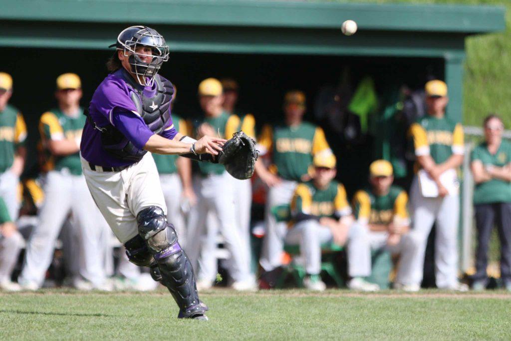 SF State Gator catcher Carter Gambrell (11) throws the ball toward first base for an out during the top of the sixth inning of their 9-4 loss to Cal Poly Pomona at Maloney Field on Sunday, Feb. 28, 2016. (George Morin / Xpress)