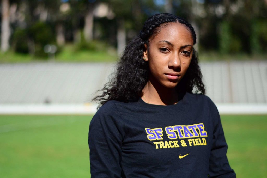 Devanique Brown a freshman on the San Francisco State University track and field team poses for a portrait on February 4 2015. (Xpress/Connor Hunt)