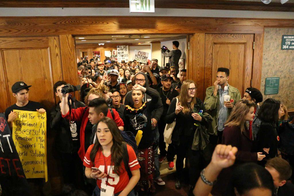 Students and faculty members flood the Seven Hills Conference Center Center before before meeting with President Leslie Wong regarding the proposed budget cuts within the College of Ethnic Studies at SF State on Thursday February 25, 2016. (Aleah Fajardo / Xpress)
