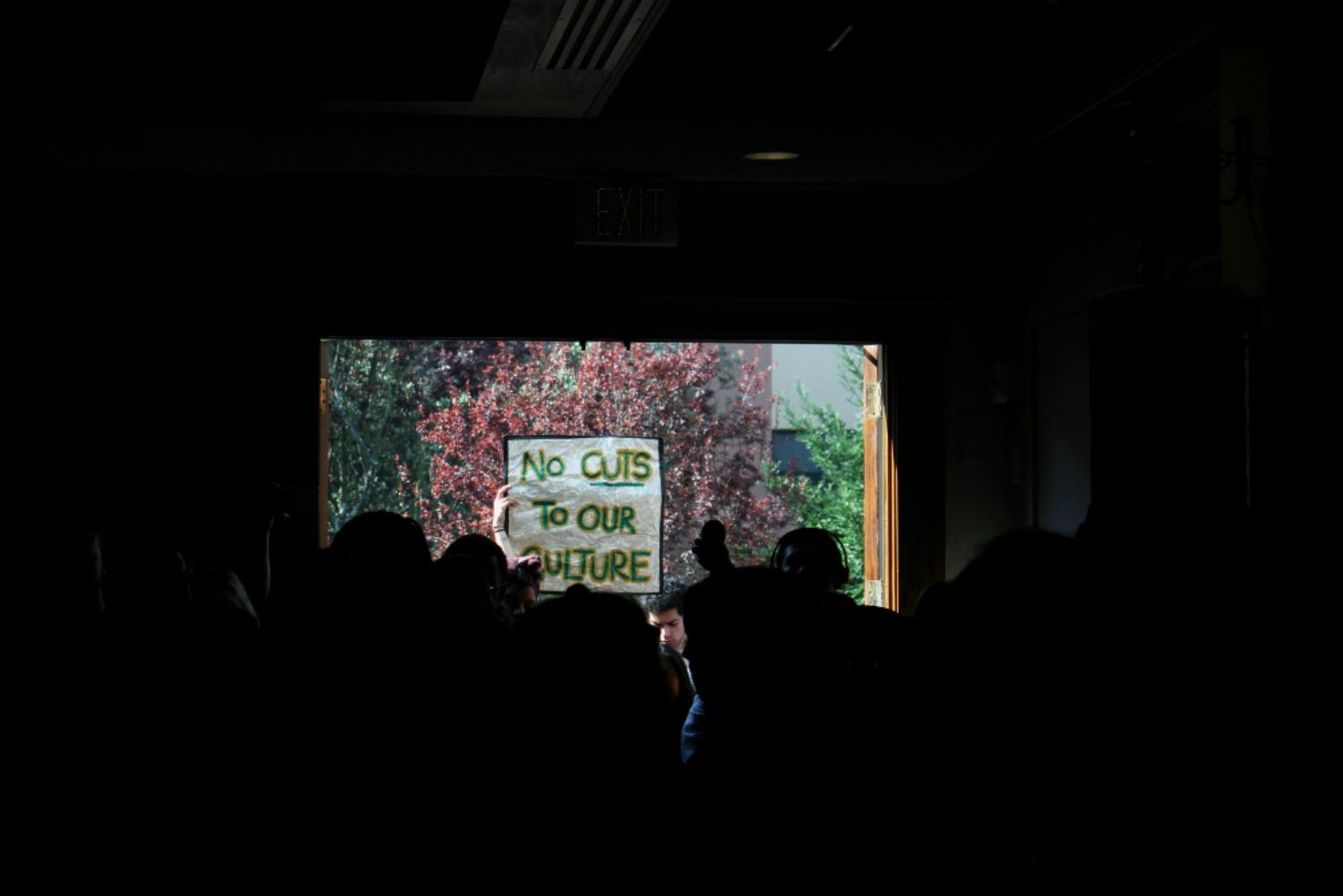 People rally in a meeting with administration regarding the proposed budget cuts to SF States College of Ethnic Studies  Thursday, Feb 25. (James Chan/Xpress)