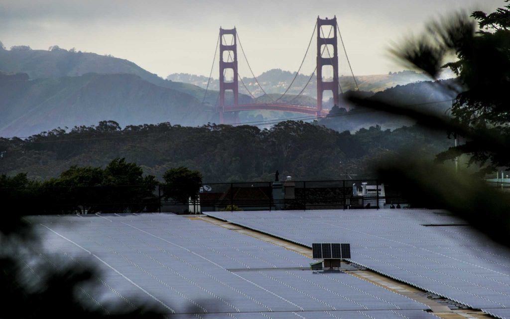 San Franciscos Sunset Reservoir Solar Array more than tripled the amount of municipal solar generating capacity in San Francisco when built atop the reservoir in 2010, according to sfwater.org. San Francisco is the first city in the nation to pass a bill requiring solar energy on new buildings; the bill will take effect in 2017. (Gabriela Rodriguez / Xpress)