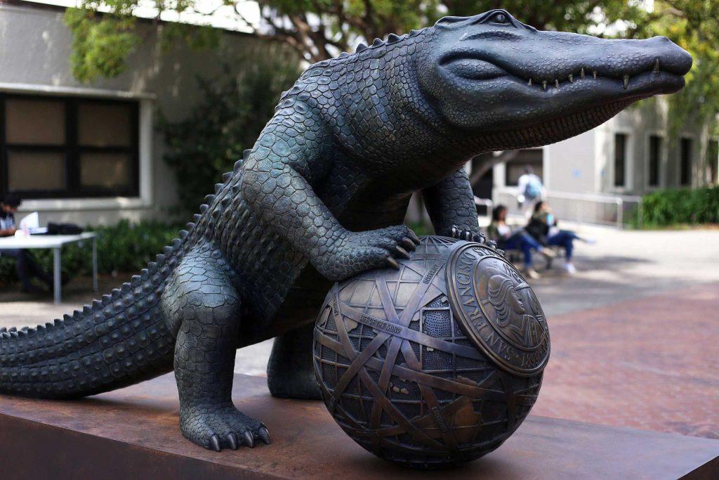 The newly installed 10-foot bronze Gator Spirit Statue stands in front of the Don Nasser Family Plaza at SF State  on Monday, Aug. 29, 2016.