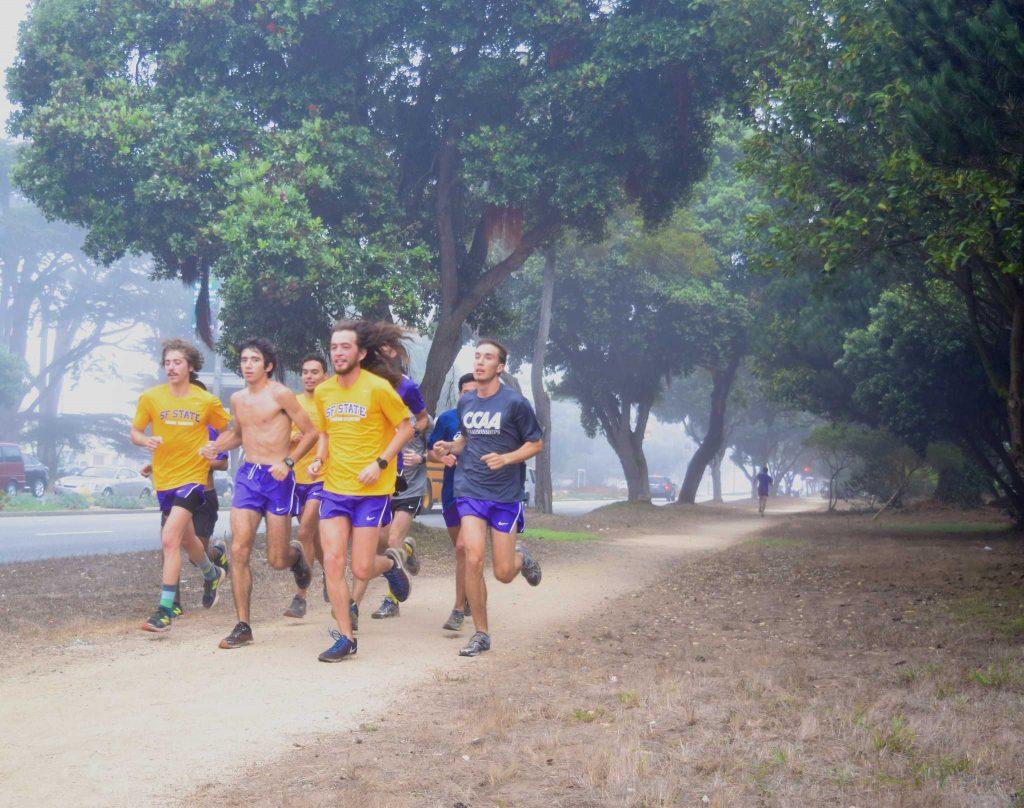  The SF State Cross Country team runs down a trail near Sunset Boulevard on Tuesday, Sept. 27, 2016