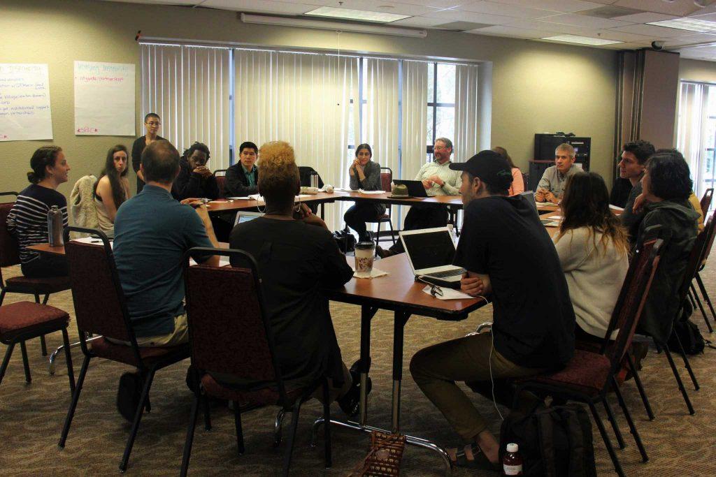 The Ad Hoc Advisory Work Group Responding to Food Insecurity and Homelessness at SF State’s co-chair, Aimee Williams (farthest left) leads a discussion at a meeting on Sept. 9 at the Tower’s Conference Center. Meeting attendees review data from the February 2016 CSU Chancellor’s report, participate in brainstorming sessions and discuss how future meetings should be structured.