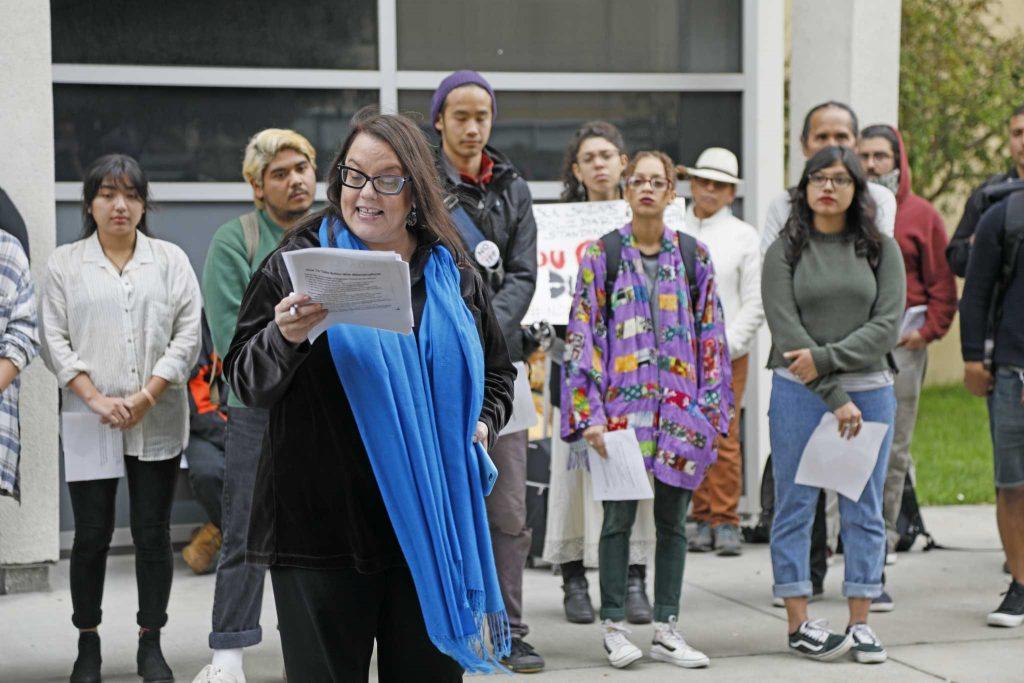 Joanne Barker, a member of the Lenape Nation and an American Indian studies professor begins the teach-in of the North Dakota Access Pipeline in front of the Ethnic Studies and Psychology buildings on Thursday, Sept. 15, 2016. Barker began with an introduction about the harm of polluted water resources and climate change. (Steven Ho/Xpress)