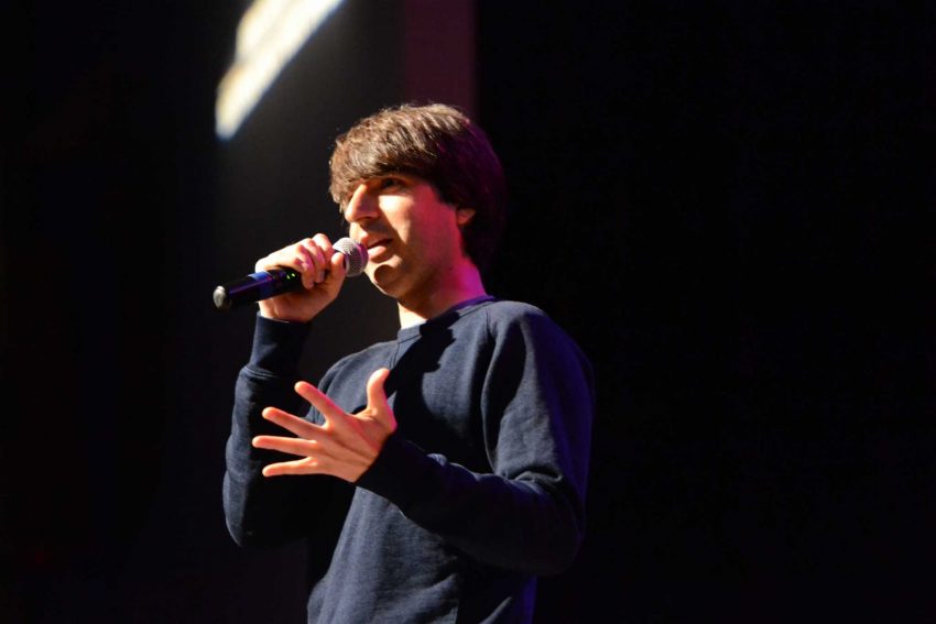 Comedian Demetri Martin performs his comedy act during Jokes for Votes event to promote voter registration in Jack Adams Hall on Monday, Oct. 18, 2016. Martin headlined the event with a comedy act.