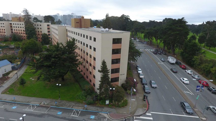An aerial photo of Mary Ward Hall on Friday, Oct. 28, 2016. Mary Ward Hall was the location of an armed robbery that took place early Friday morning according to an email notification put out by SF State. (Steven Ho/Xpress)