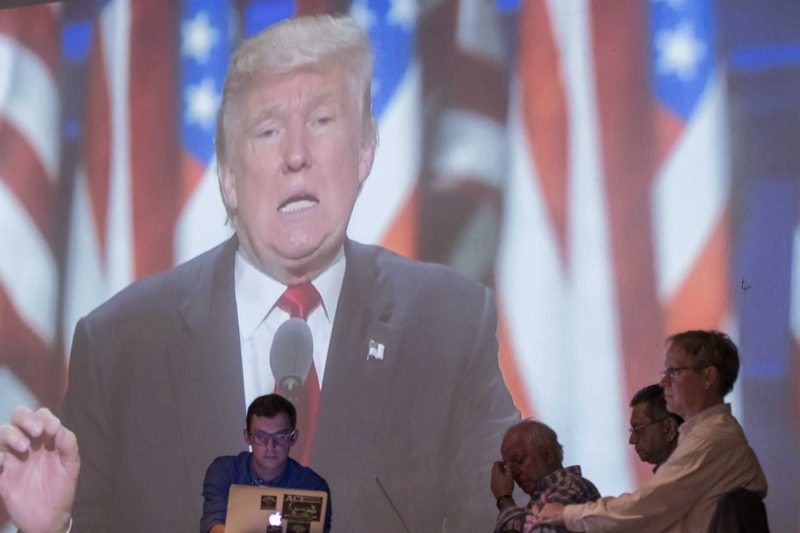 Republican nominee Donald Trump is seen on a screen during the political science department’s watch party in the Mckenna Theater on Tuesday, Nov. 8, 2016. (Kin Lee/Xpress)