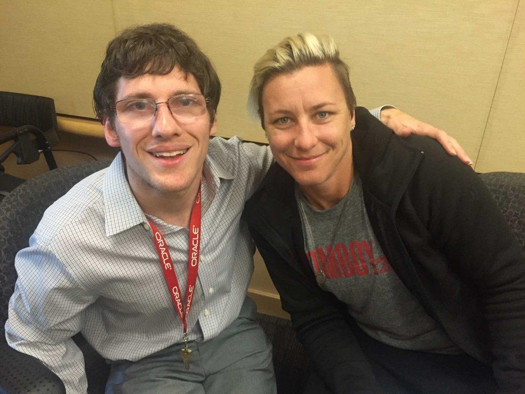 SF State student Matt Fowler takes a selfie with retired professional soccer player Abby Wambach during her book tour on Sunday, Sept. 23 2016.  