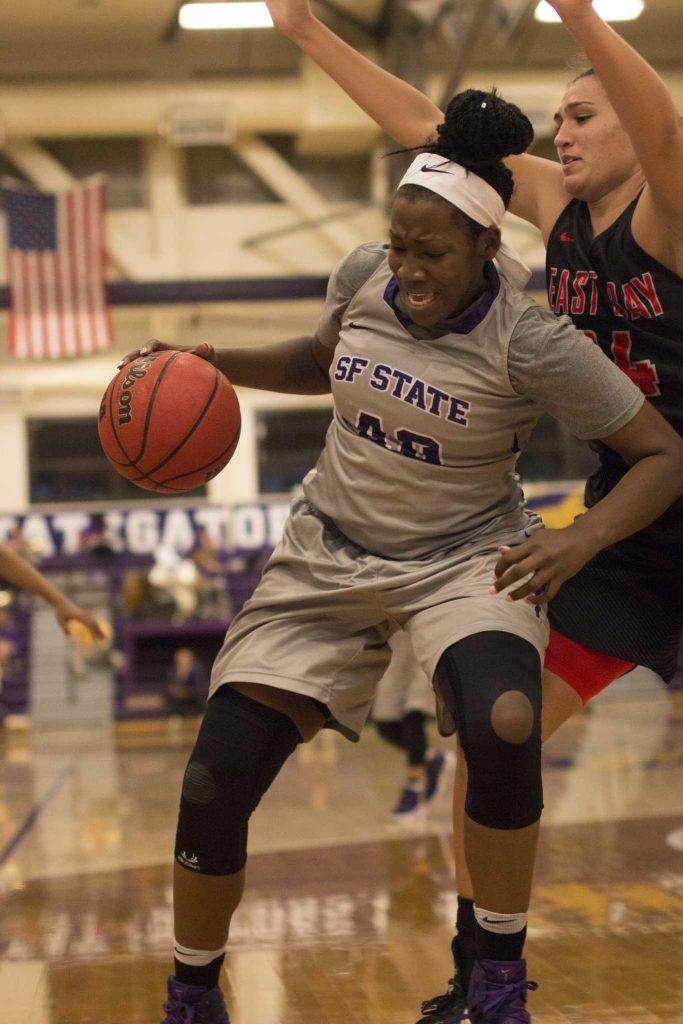 SF State Gators’ senior forward Donae Moguel (40) shields the ball during the Gators 51-48 loss to the Cal State East Bay Pioneers at the Swamp on Saturday, Dec. 3, 2016.
